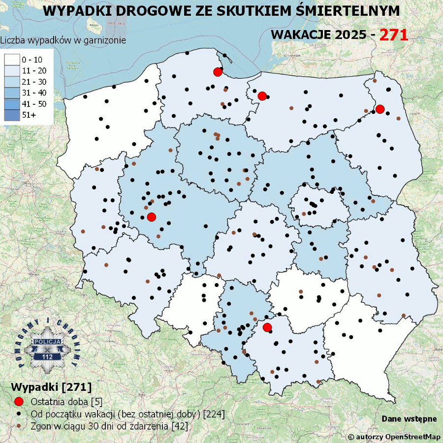 Mapa prezentująca liczbę wypadków poprzedniej doby w Polsce. Prezentowane dane są dostępne w tekście poniżej.