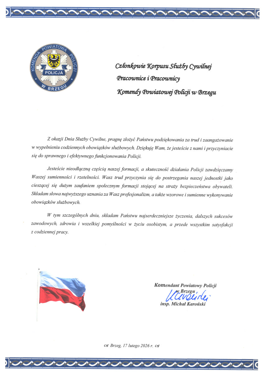 życzenia Komendana Powiatowego Policji w Brzegu