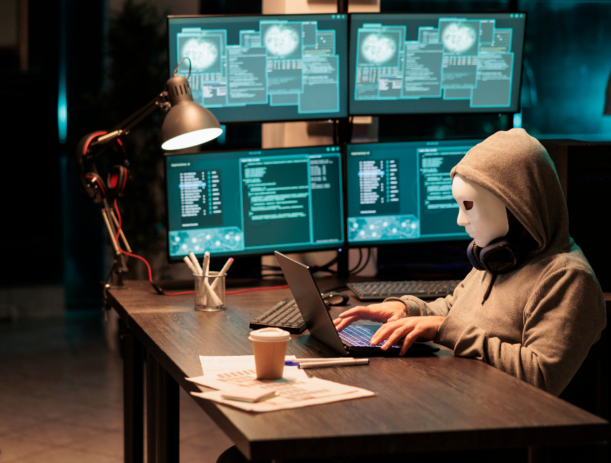 zamaskowan postać siedzi w pokoju pełnym monitorów