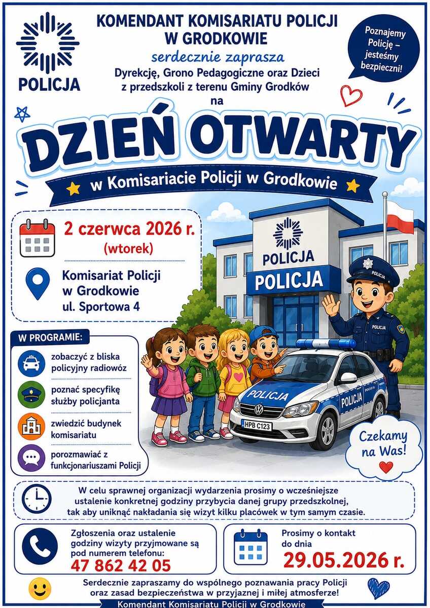 plakat dotyczący dnia otwartego w Komisariacie Policji w Grodkowie