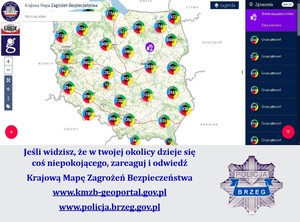 Zrzut Krajowej Mapy Zagrożeń Bezpieczeństwa, po lewej stronie kategorie zgłoszeń, pod spodem napis - jeśli widzisz, że w twojej okolicy dzieje się coś złego zareaguj i odwiedź Krajową Mapę Zagrożeń Bezpieczeństwa