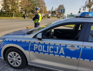 radiowóz, za nim policjant obserwujący ruch na drodze