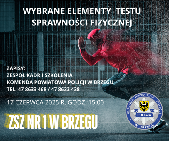 ciemna grafika, na niej mężczyzna ubrany na sportowo i logo Komendy Powiatowej Policji w Brzegu