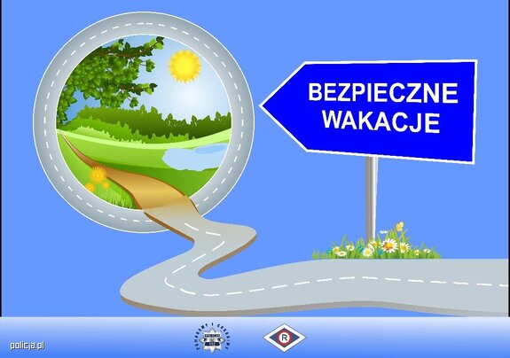 niebieska plansza z globusem i drogowskazem bezpieczne wakacje